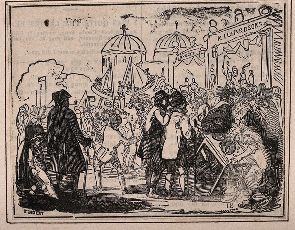 Crowds at Greenwich Fair, watching performers in booths, eating, etc.: the twin domes of Greenwich Hospital are visible in the background. Wood engraving by [I.B.] after Findlay.