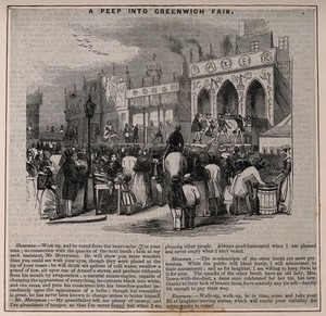 view Crowds at Greenwich Fair, watching performers in booths with drums, whips, etc: a mounted policeman moves through the throng. Wood engraving.