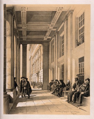 Greenwich Pensioners variously sitting or standing in the colonnade of the "Helpless ward" at Greenwich Hospital. Lithograph by S. Rayner.