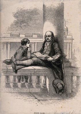 A Greenwich Pensioner reading from a book to a small boy, both sitting on the balustrade at the Royal Naval Hospital. Wood engraving.