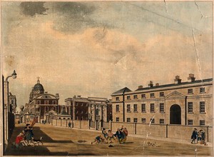 view Royal Naval Hospital, Greenwich, a distant three-quarter view of the Hall and Chapel, looking east, the Infirmary in the foreground left. Coloured drawing by C. White, 1786.