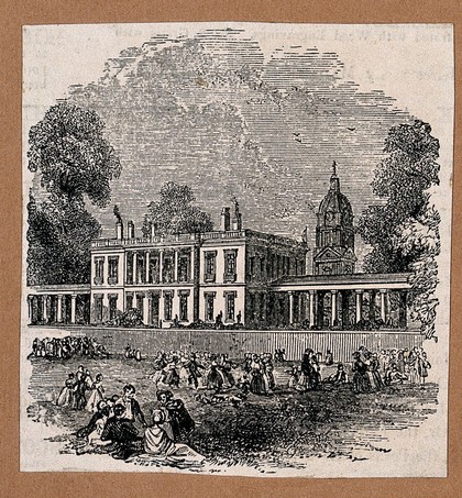 The Queens' House, Greenwich, from the south, with one of the domes of the Royal Naval Hospital in the background. Wood engraving.