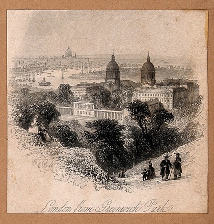 The Queens' House, Greenwich, from the south, with the Royal Naval Hospital and London in the distance. Engraving.