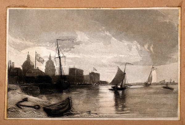 Greenwich Hospital viewed from a distance across the river, an anchor in the foreground. Engraving.