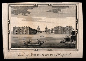 view Royal Naval Hospital, Greenwich, with ships and rowing boats in the foreground. Engraving.