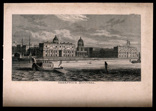 Royal Naval Hospital, Greenwich, with ships and rowing boats, among them the Royal Barge [?] in the foreground. Engraving.