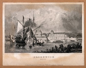 view Royal Naval Hospital, Greenwich, with ships and rowing boats in the foreground. Engraving by E. Langley.