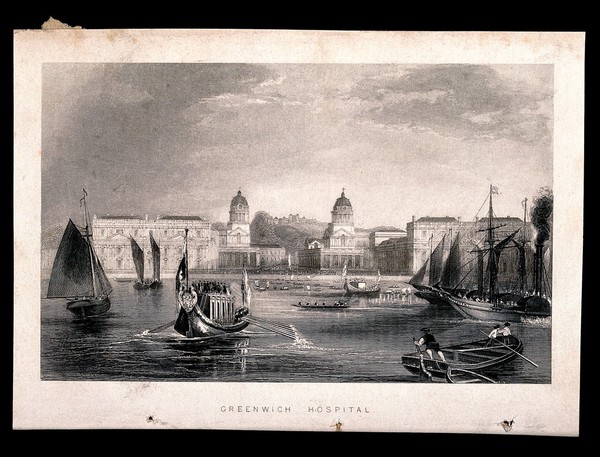 Royal Naval Hospital, Greenwich, with ships and rowing boats, including the Royal Barge [?], in the foreground. Engraving.
