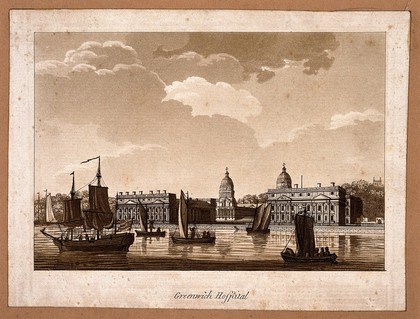 Royal Naval Hospital, Greenwich, with ships and rowing boats in the foreground. Aquatint.