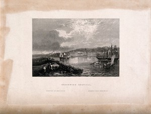 view Royal Naval Hospital, Greenwich, with ships, rowing boats, and mudlarks [?], in the foreground. Engraving.