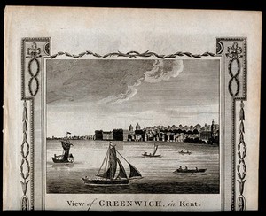 view Royal Naval Hospital, Greenwich, a distant view, with ships and rowing boats in the foreground. Engraving, 1784.