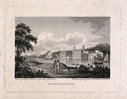 Royal Naval Hospital, Greenwich, with ships, rowing boats and a couple walking on the shore in the foreground. Engraving by W. Walker and J. Walker, 1792, after F. Nicholson.