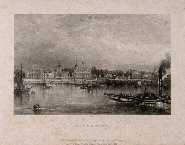 Royal Naval Hospital, Greenwich, with ships and rowing boats, including the paddle steamer "Diamond" heading downriver, in the foreground. Engraving by J. Watkins, 1843.