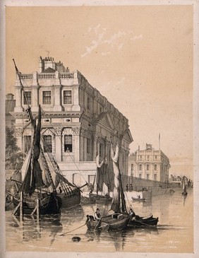 Greenwich Hospital viewed obliquely from the river, with boats in the foreground. Lithograph by [E.P.], 1833.