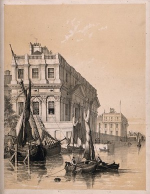 view Greenwich Hospital viewed obliquely from the river, with boats in the foreground. Lithograph by [E.P.], 1833.