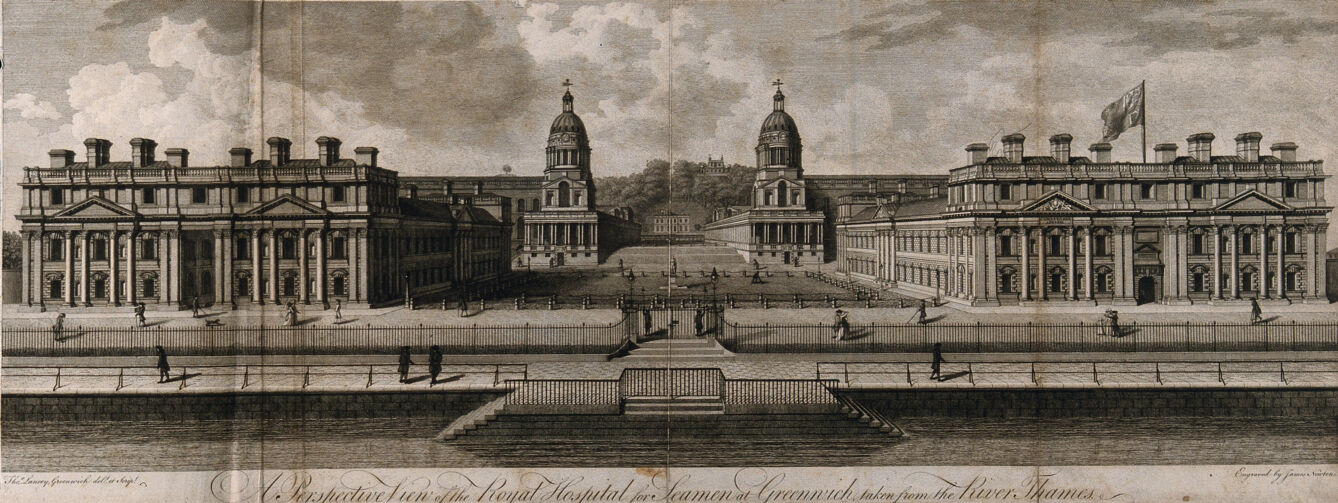 Royal Naval Hospital, Greenwich, the river front vista, with the Queens' House and Royal Observatory in the distance: many people walking about. Engraving by J. Newton after T. Lancey.