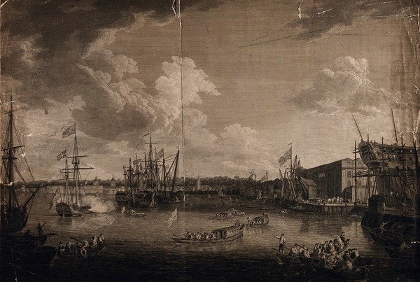Royal Naval Hospital Greenwich, on the left, viewed from afar with many ships in the foreground, on the right the Royal Dockyard on the Isle of Dogs. Engraving.