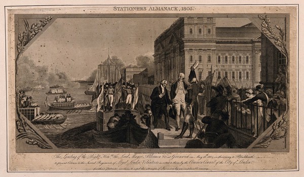 Royal Naval Hospital, Greenwich, the Lord Mayor of London disembarking, greeted by the Governor [?], with rowing boats and barges to the left. Engraving by V. Woodthorpe, 1804, after E. F. Burney.