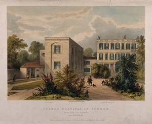 view The German Hospital, Dalston, London: seen from the garden. Coloured lithograph by P. Gauci, 1846.