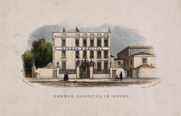 The German Hospital, Dalston, London: seen from the street. Coloured lithograph by P. Gauci.