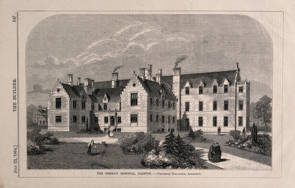 The German Hospital, Dalston, London. Wood engraving by C. Dammann, 1864.