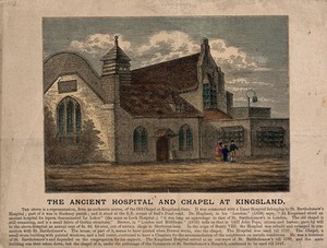 view Hospital and chapel, Kingsland, London. Coloured wood engraving, [1883?].