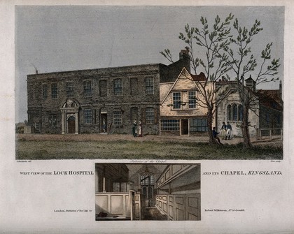 The Lock Hospital and chapel: view of the street facade, and a detail of the chapel interior. Coloured engraving by W. Wise after R. Schnebbelie, 1815.