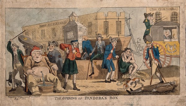 The refurbishment (or building) of a Lock Hospital; men with various ailments are stepping out of Pandora's box; a rich, smiling, doctor drives by in a carriage. Coloured etching by T. Williamson, 1802.