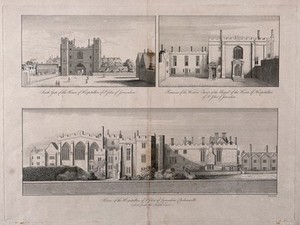 view Hospital of the Knights of St. John of Jerusalem, Clerkenwell, London. Engraving after W. Hollar.