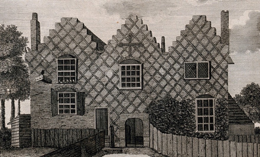 A brick house with three gables, Well Street, Hackney, London, once used as a Priory. Engraving.