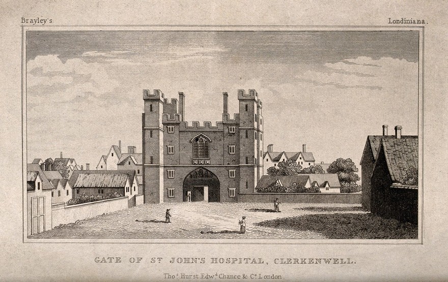 Gate of the Hospital of the Knights of St. John of Jerusalem, Clerkenwell, London, surrounded by thatched domestic buildings. Engraving after W. Hollar.