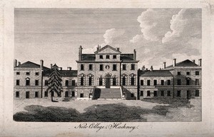 view New College [Hackney House], Hackney: a large building in the Palladian style, with a bust in a niche above the entrance. Engraving, c.1786.