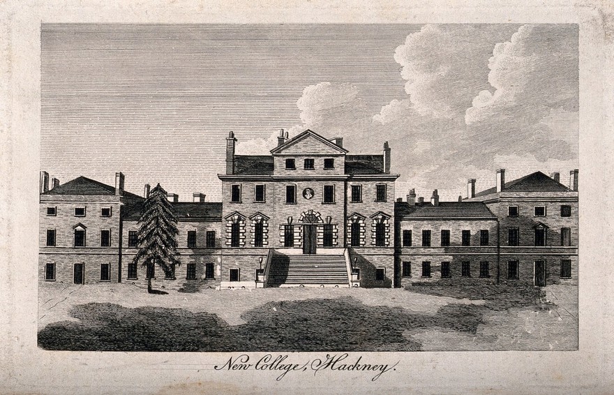 New College [Hackney House], Hackney: a large building in the Palladian style, with a bust in a niche above the entrance. Engraving, c.1786.
