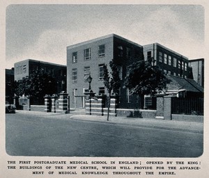 view The British Postgraduate Medical School, Hammersmith, London. Photogravure.