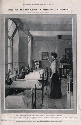 Queen Alexandra's Hospital for Children with Hip Disease, Queen Square, Holborn: the interior of a ward, with a teacher giving a gymnastics lesson. Photogravure after A. Forestier, 1908.