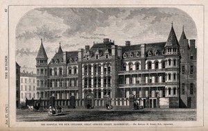 view The Hospital for Sick Children, Great Ormond Street, London: the main facade. Wood engraving by W. E. Hodgkin after D. R. Warry, 1872.