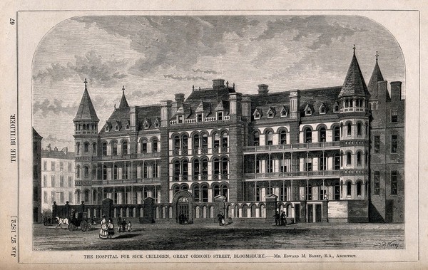 The Hospital for Sick Children, Great Ormond Street, London: the main facade. Wood engraving by W. E. Hodgkin after D. R. Warry, 1872.