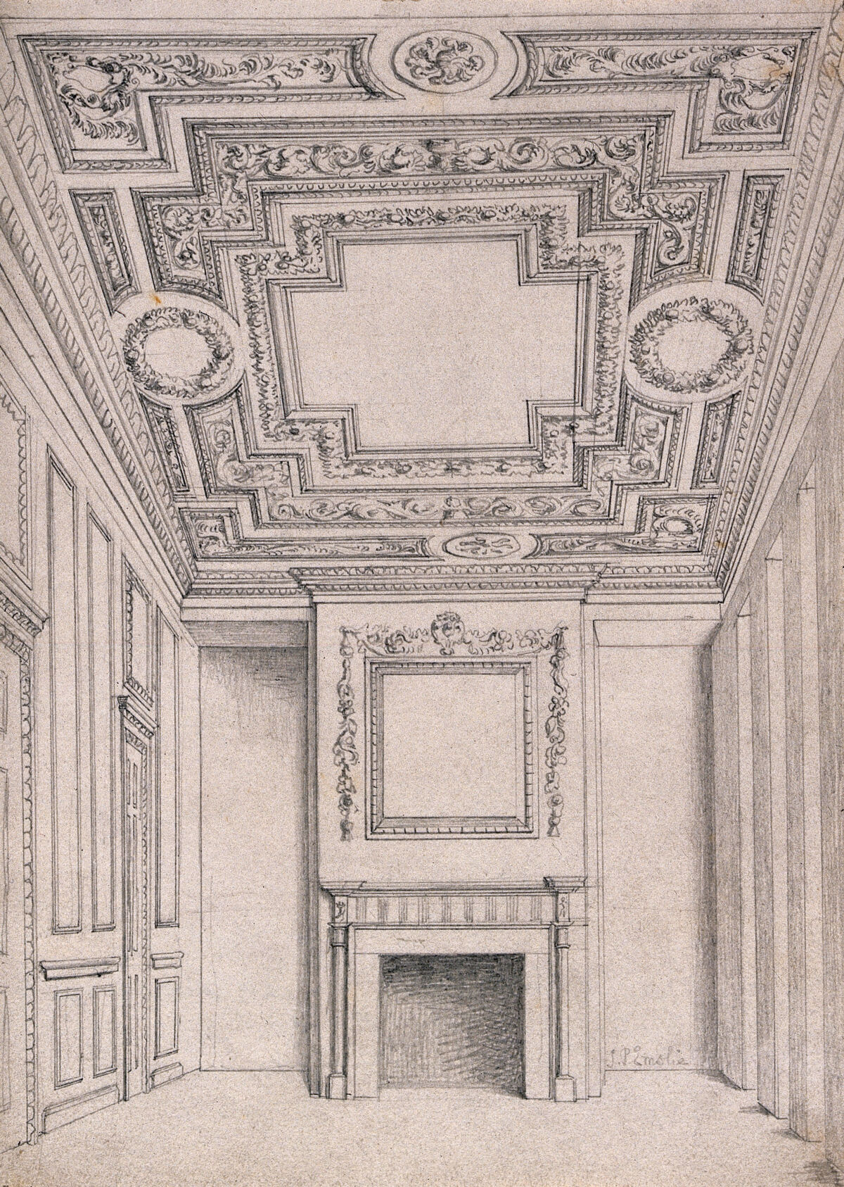The first floor front room at No. 19 Greville Street, Holborn: looking towards the fireplace. Pencil drawing by J. P. Emslie, c.1882., 1882, by John Philipps Emslie