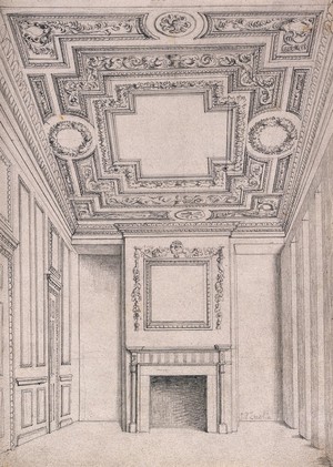 view The first floor front room at No. 19 Greville Street, Holborn: looking towards the fireplace. Pencil drawing by J. P. Emslie, c.1882.