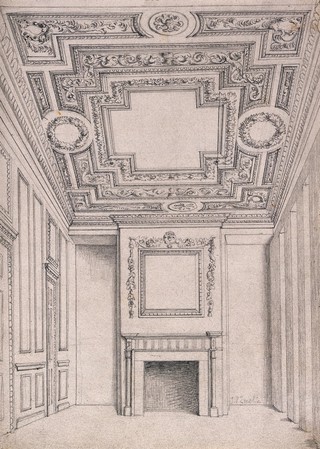 The first floor front room at No. 19 Greville Street, Holborn: looking towards the fireplace. Pencil drawing by J. P. Emslie, c.1882.