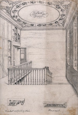view The staircase, and two details of the woodwork, at 49 Great Ormond Street, Holborn. Pencil drawing, June 1882, attributed to J. P. Emslie.
