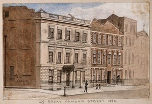 view 49 Great Ormond Street, London, in course of demolition. Watercolour by J. P. Emslie, 1882.