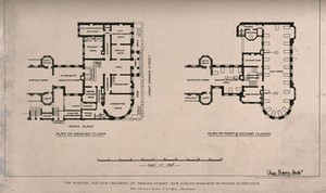 view The Hospital for Sick Children, Great Ormond Street, London: plans of the ground and first floors of the Jubilee wing. Photo lithograph by Sprague & Co., 1890.