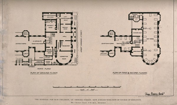 The Hospital for Sick Children, Great Ormond Street, London: plans of the ground and first floors of the Jubilee wing. Photo lithograph by Sprague & Co., 1890.