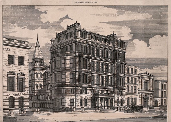 The Hospital for Sick Children, Great Ormond Street, London: the street facade of the Jubilee wing. Process print after R.S. Ayling, 1890.