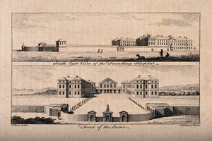 view The Foundling Hospital, Holborn, London: a south-east view and a bird's-eye view. Engraving by J. Green after S. Wale, 1761.