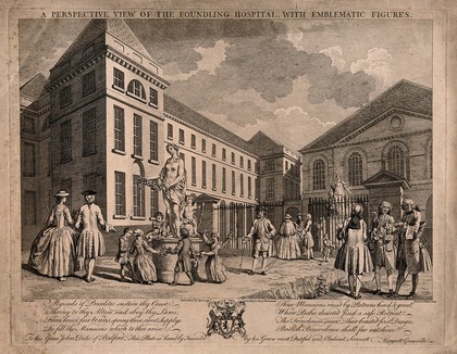 The Foundling Hospital, Holborn, London: a perspective view looking north-west at the main building, happy children dancing round a statue of Flora [?]. Engraving by C. Grignion and P. C. Canot after S. Wale, 1749.