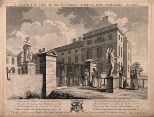 view The Foundling Hospital, Holborn, London: a perspective view looking north-east at the main building, with penitent mothers arriving beside a statue of fortune. Engraving by C. Grignion and P. C. Canot after S. Wale, 1749.