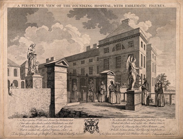 The Foundling Hospital, Holborn, London: a perspective view looking north-east at the main building, with penitent mothers arriving beside a statue of fortune. Engraving by C. Grignion and P. C. Canot after S. Wale, 1749.