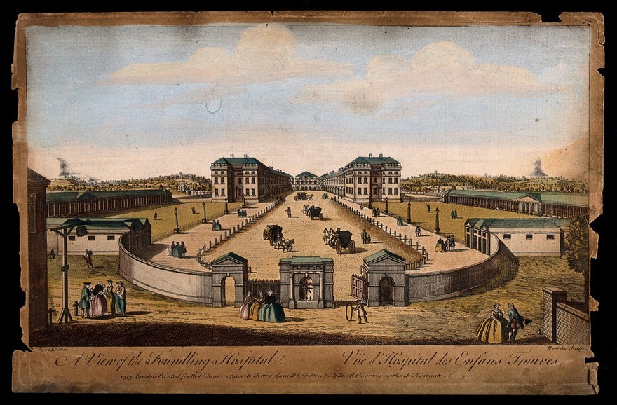 The Foundling Hospital, Holborn, London: a bird's-eye view of the courtyard. Coloured engraving by T. Bowles after L. P. Boitard, 1753.